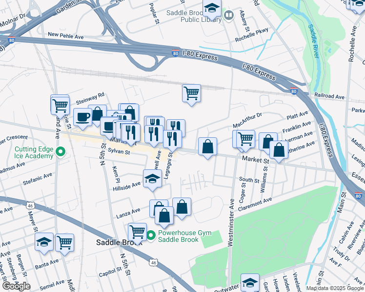 map of restaurants, bars, coffee shops, grocery stores, and more near 27-41 Mayhill St in Saddle Brook