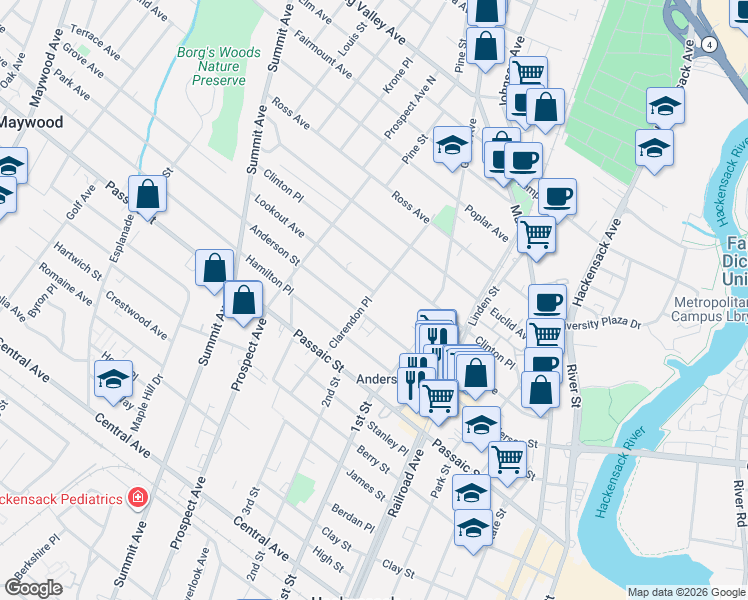 map of restaurants, bars, coffee shops, grocery stores, and more near 270 Lookout Avenue in Hackensack