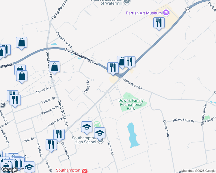 map of restaurants, bars, coffee shops, grocery stores, and more near 575 Hampton Road in Southampton