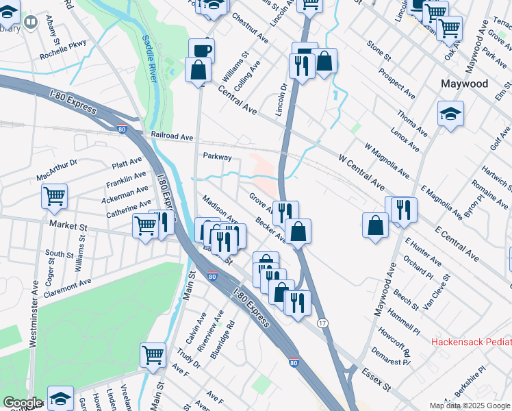 map of restaurants, bars, coffee shops, grocery stores, and more near 30 Grove Avenue in Rochelle Park