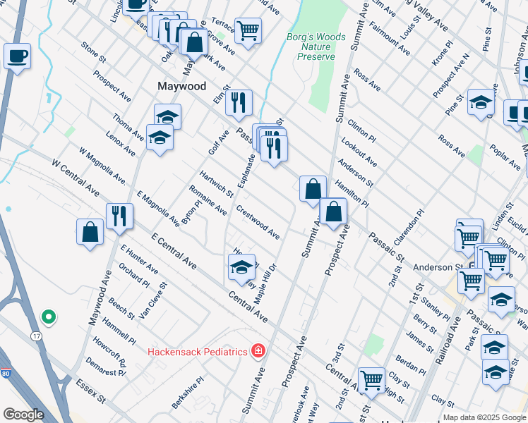 map of restaurants, bars, coffee shops, grocery stores, and more near 458 Colonial Terrace in Hackensack