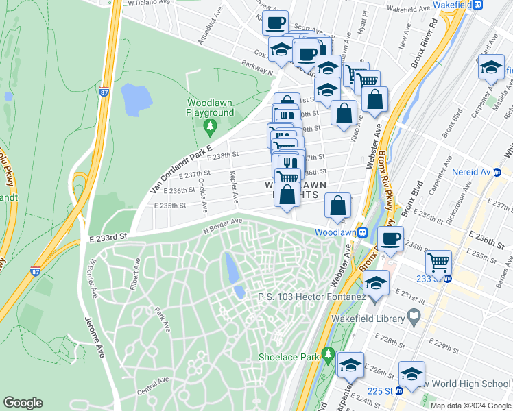 map of restaurants, bars, coffee shops, grocery stores, and more near 235 East 234th Street in Bronx