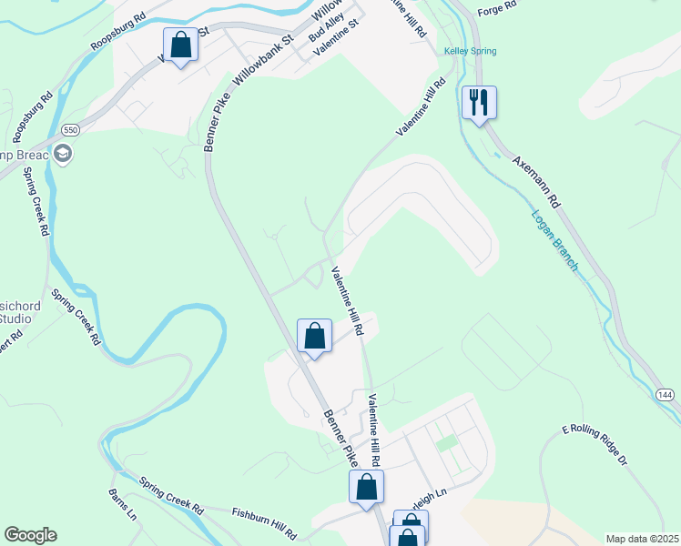 map of restaurants, bars, coffee shops, grocery stores, and more near 410 Valentine Hill Road in Bellefonte