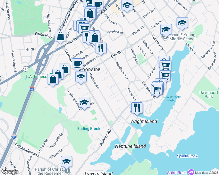 map of restaurants, bars, coffee shops, grocery stores, and more near in New Rochelle