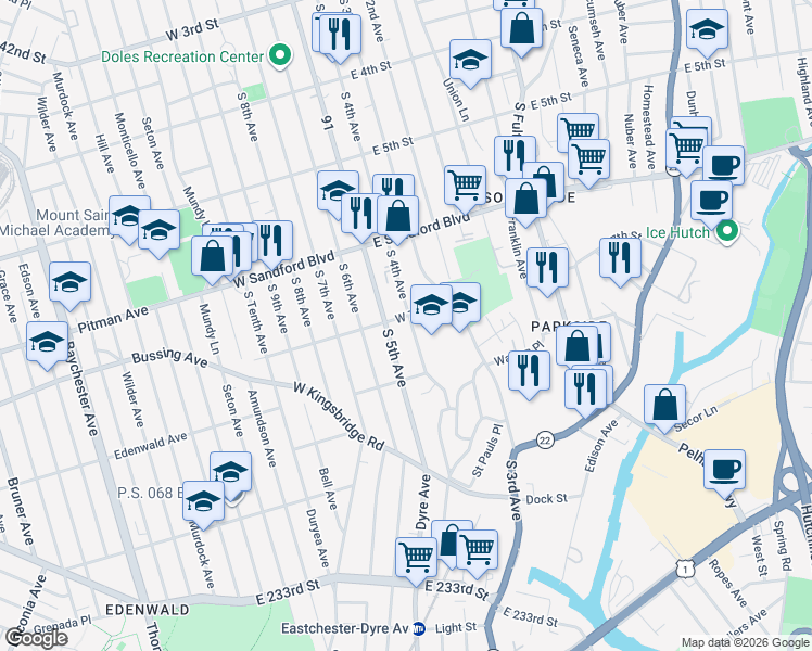 map of restaurants, bars, coffee shops, grocery stores, and more near 1 West 7th Street in Mount Vernon