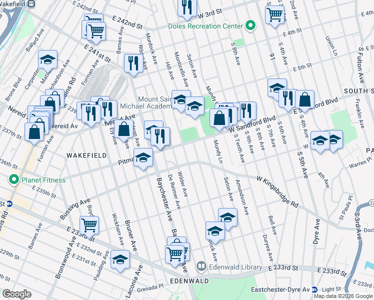 map of restaurants, bars, coffee shops, grocery stores, and more near 2082 Pitman Avenue in Bronx