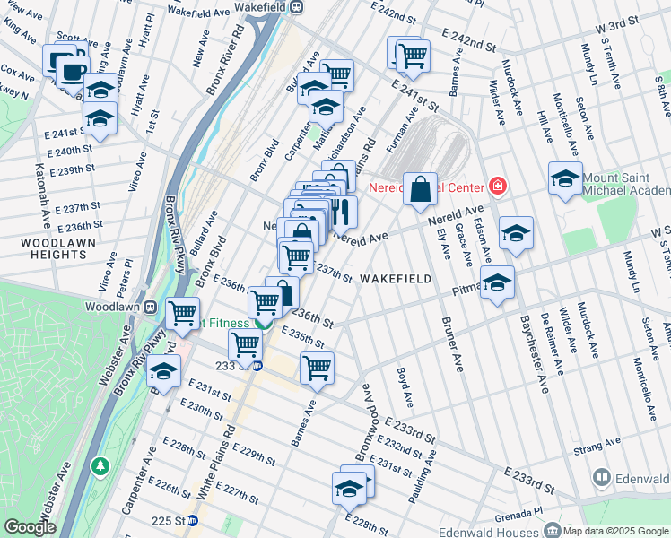 map of restaurants, bars, coffee shops, grocery stores, and more near in The Bronx