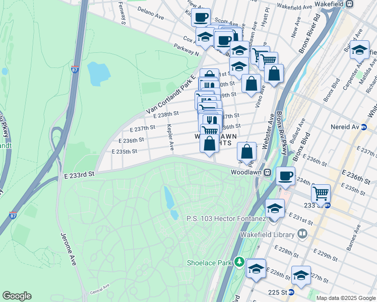 map of restaurants, bars, coffee shops, grocery stores, and more near 243 East 235th Street in Bronx
