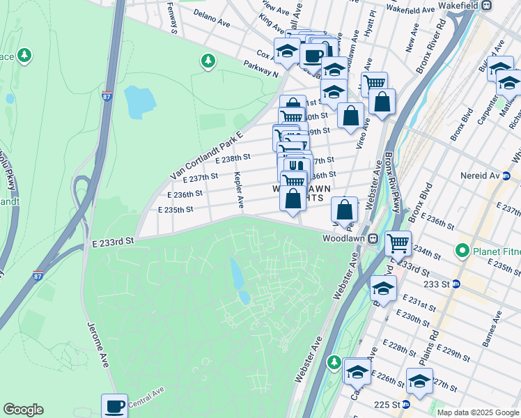 map of restaurants, bars, coffee shops, grocery stores, and more near 243 East 235th Street in Bronx