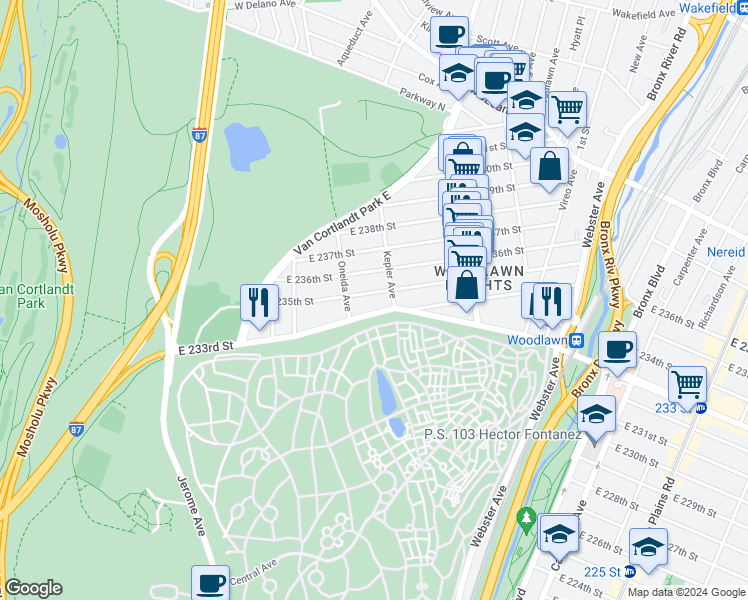 map of restaurants, bars, coffee shops, grocery stores, and more near 118 East 236th Street in Bronx