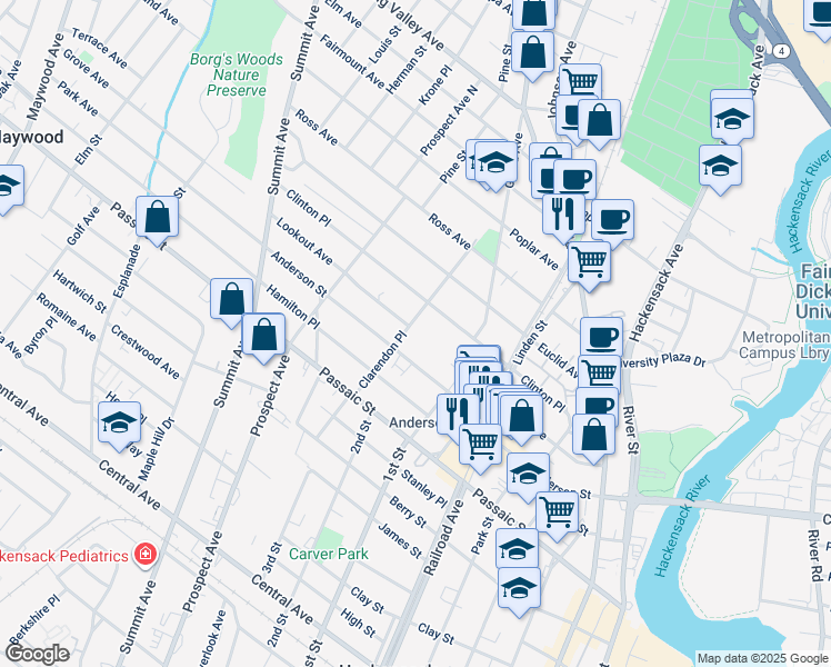 map of restaurants, bars, coffee shops, grocery stores, and more near 100 Clarendon Place in Hackensack