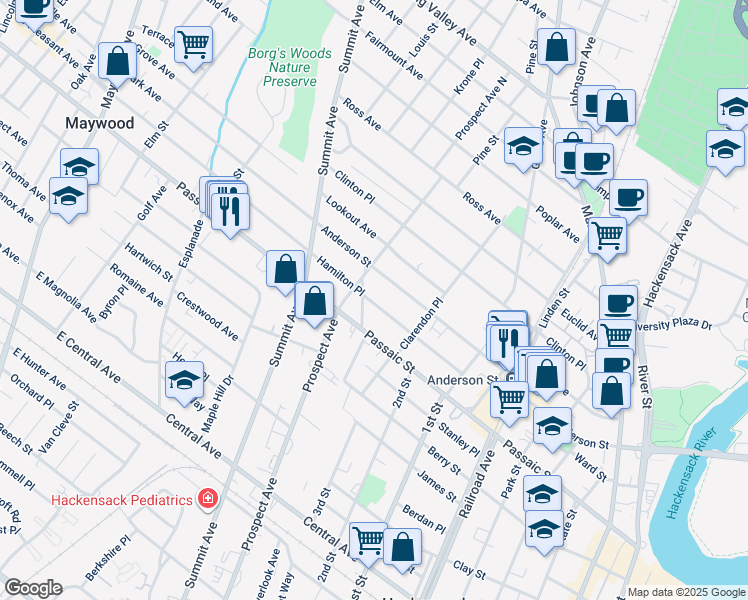map of restaurants, bars, coffee shops, grocery stores, and more near 320 Hamilton Place in Hackensack