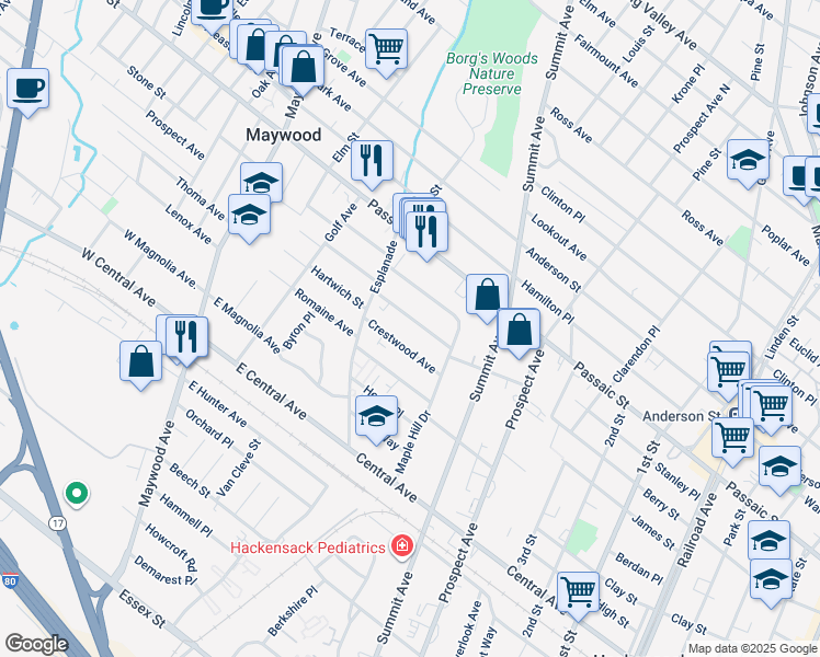 map of restaurants, bars, coffee shops, grocery stores, and more near 458 Colonial Terrace in Hackensack