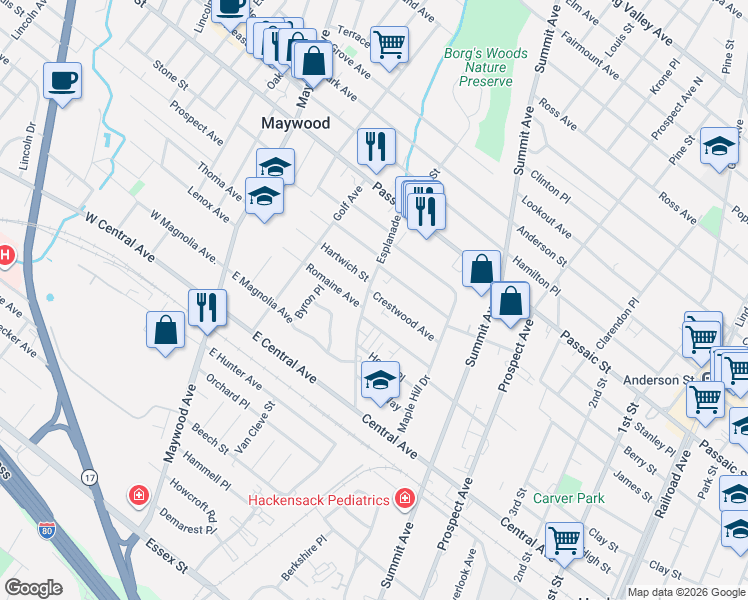 map of restaurants, bars, coffee shops, grocery stores, and more near 292 Esplanade in Hackensack