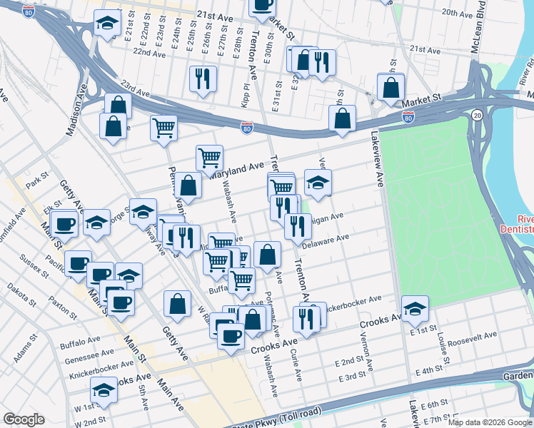 map of restaurants, bars, coffee shops, grocery stores, and more near 151 Illinois Avenue in Paterson