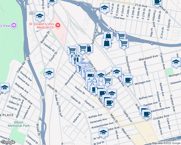 map of restaurants, bars, coffee shops, grocery stores, and more near 35 Elk Street in Paterson