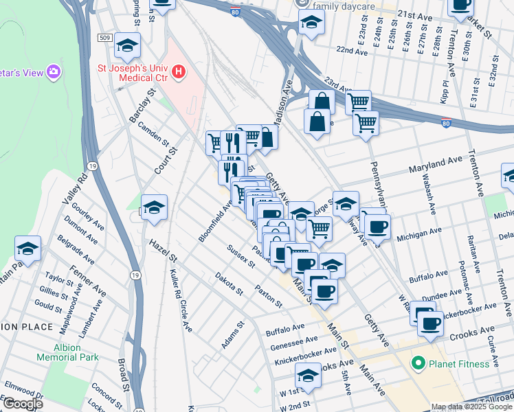 map of restaurants, bars, coffee shops, grocery stores, and more near 35 Elk Street in Paterson