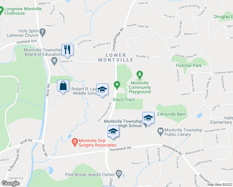 map of restaurants, bars, coffee shops, grocery stores, and more near 130 Changebridge Road in Montville