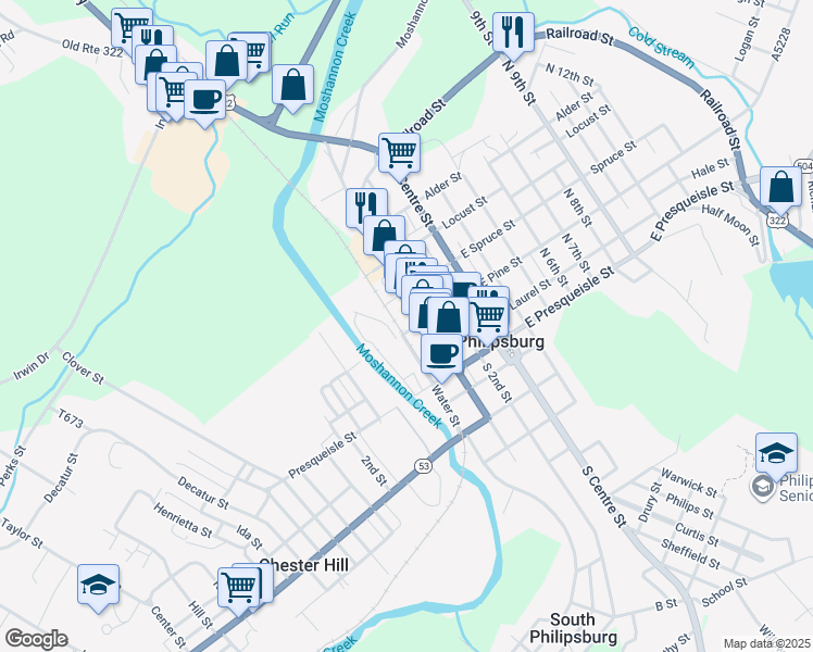 map of restaurants, bars, coffee shops, grocery stores, and more near 16 West Spruce Street in Philipsburg