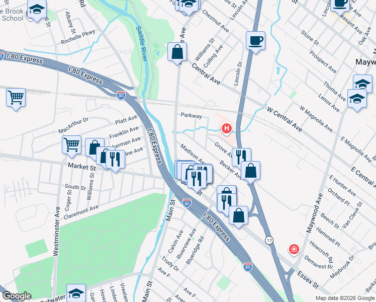 map of restaurants, bars, coffee shops, grocery stores, and more near 35 Becker Avenue in Rochelle Park