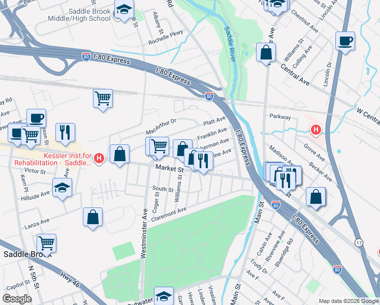map of restaurants, bars, coffee shops, grocery stores, and more near 86 Franklin Avenue in Saddle Brook