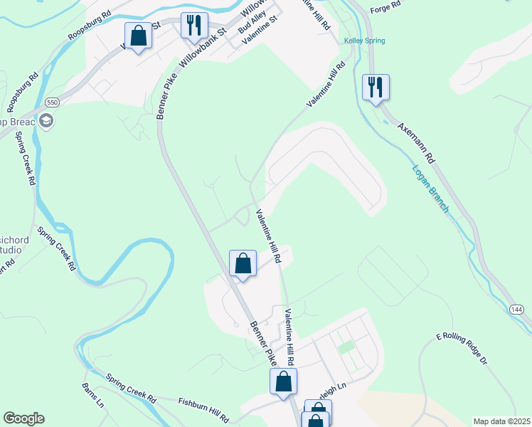 map of restaurants, bars, coffee shops, grocery stores, and more near 410 Valentine Hill Road in Bellefonte