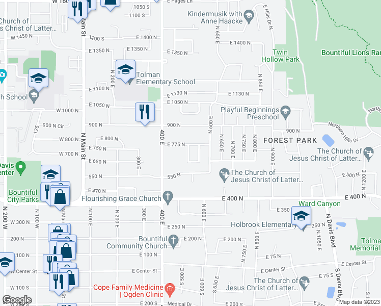 map of restaurants, bars, coffee shops, grocery stores, and more near 734 North 500 East in Bountiful