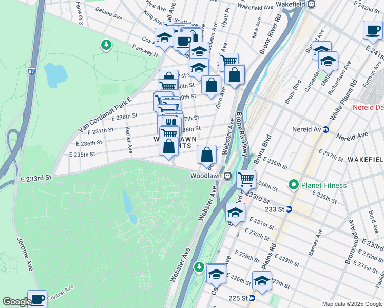 map of restaurants, bars, coffee shops, grocery stores, and more near 328 East 235th Street in Bronx