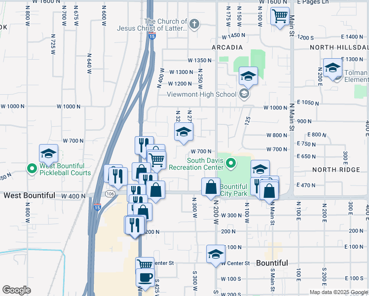 map of restaurants, bars, coffee shops, grocery stores, and more near 700 North 325 West in Bountiful