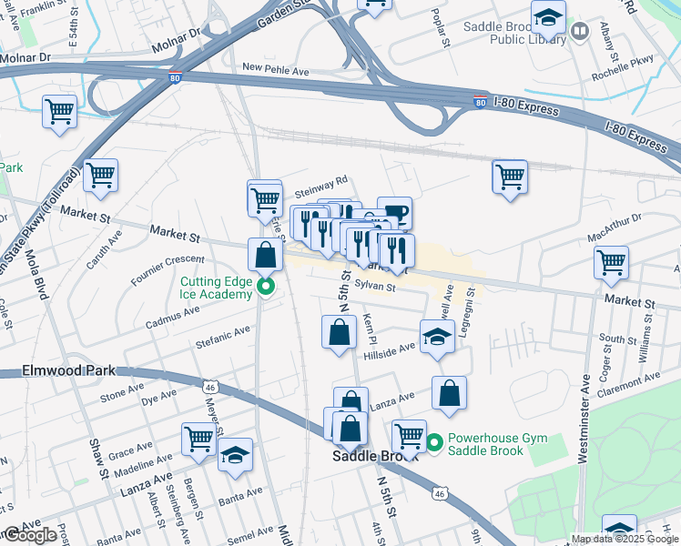 map of restaurants, bars, coffee shops, grocery stores, and more near 469 Market Street in Saddle Brook