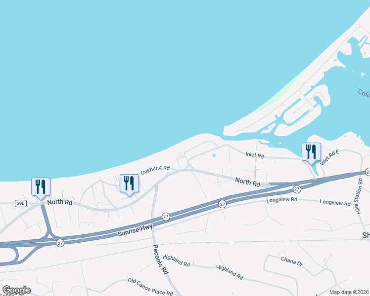 map of restaurants, bars, coffee shops, grocery stores, and more near 20 Peconic Crescent in Hampton Bays