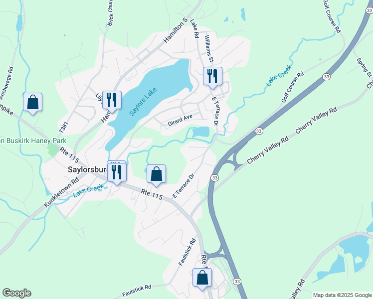 map of restaurants, bars, coffee shops, grocery stores, and more near 123 Frog Hollow Lane in Saylorsburg