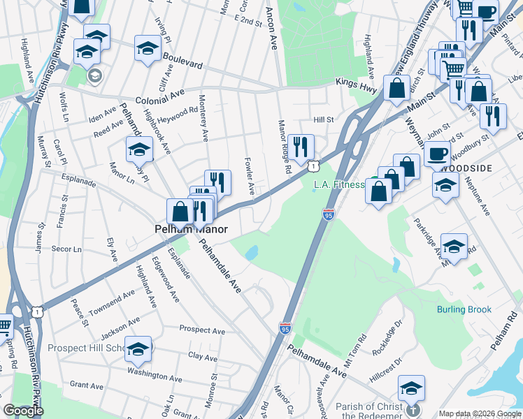 map of restaurants, bars, coffee shops, grocery stores, and more near 914 Wynnewood Road in Pelham Manor