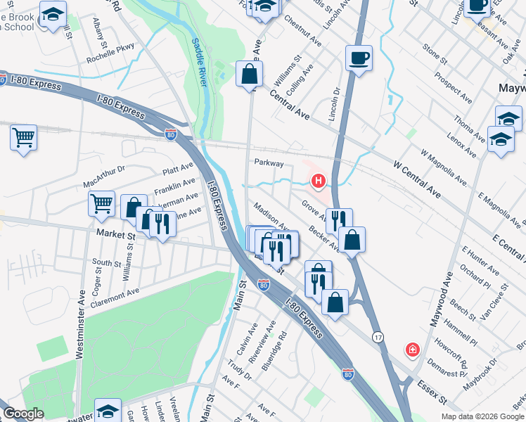map of restaurants, bars, coffee shops, grocery stores, and more near 35 Becker Avenue in Rochelle Park