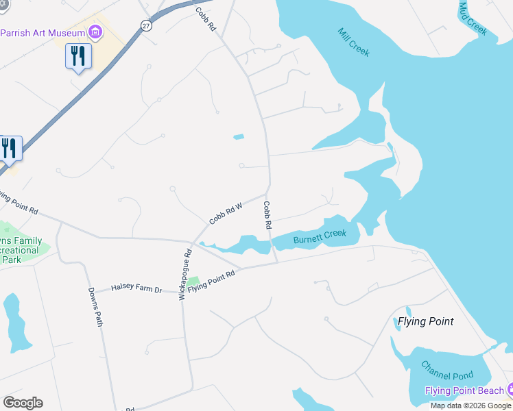 map of restaurants, bars, coffee shops, grocery stores, and more near 951 Cobb Road West in Water Mill