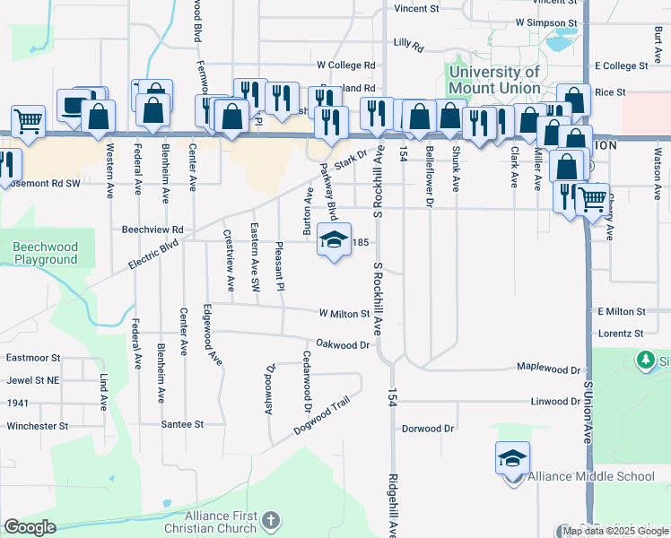 map of restaurants, bars, coffee shops, grocery stores, and more near 2400 South Rockhill Avenue in Alliance