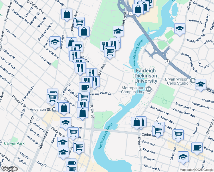 map of restaurants, bars, coffee shops, grocery stores, and more near 30 Woodridge Avenue in Hackensack