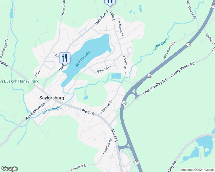 map of restaurants, bars, coffee shops, grocery stores, and more near 123 Frog Hollow Lane in Saylorsburg