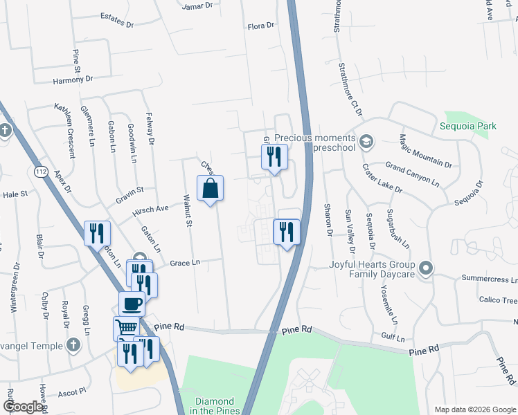 map of restaurants, bars, coffee shops, grocery stores, and more near 50 Gibbs Road in Coram