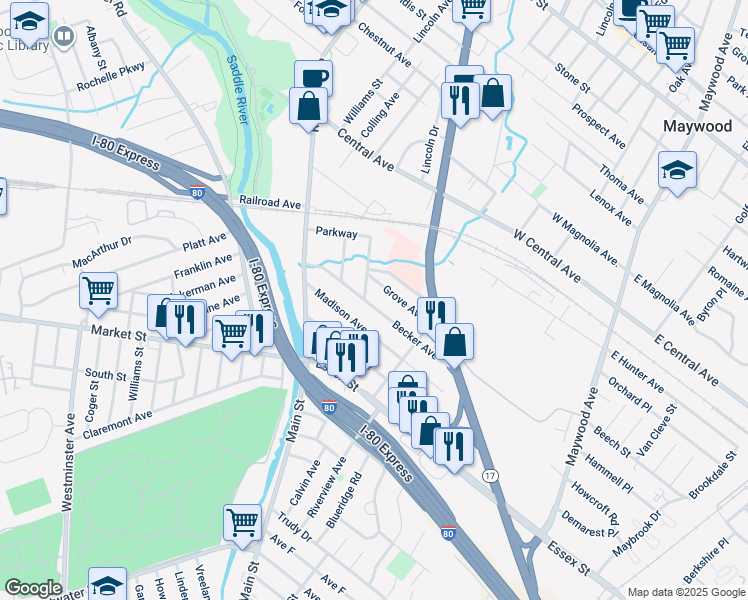map of restaurants, bars, coffee shops, grocery stores, and more near 7 Grove Avenue in Rochelle Park