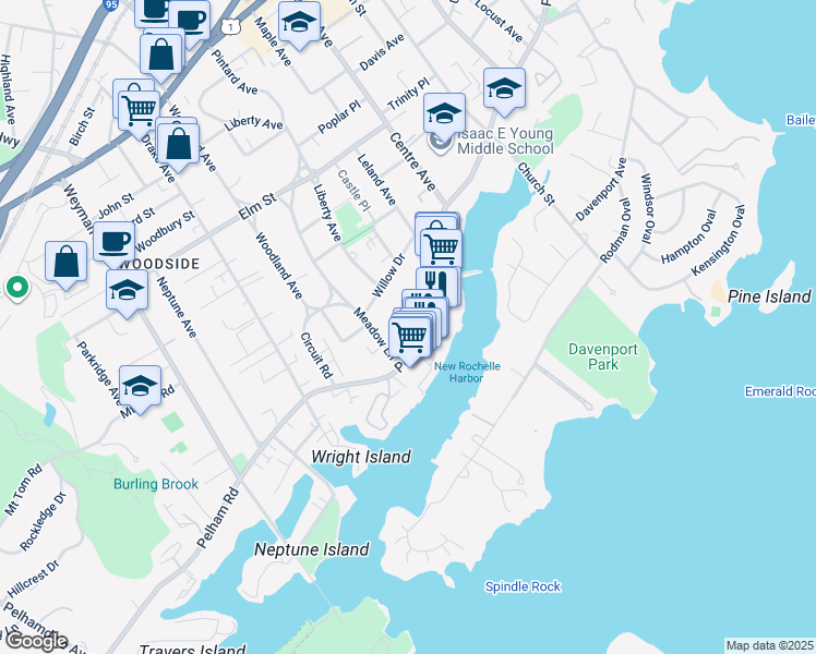 map of restaurants, bars, coffee shops, grocery stores, and more near 40 Willow Drive in New Rochelle