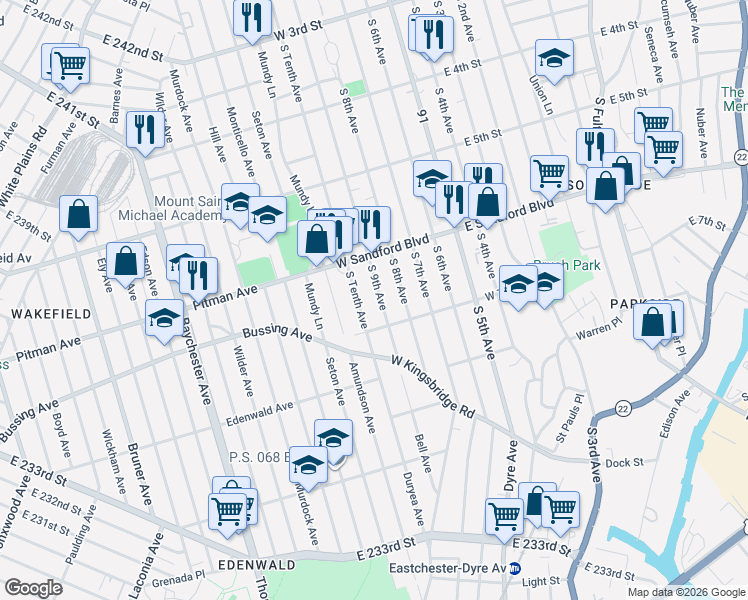 map of restaurants, bars, coffee shops, grocery stores, and more near 523 South Tenth Avenue in Mount Vernon