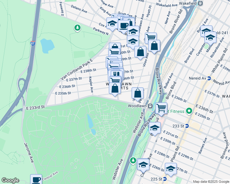 map of restaurants, bars, coffee shops, grocery stores, and more near in The Bronx