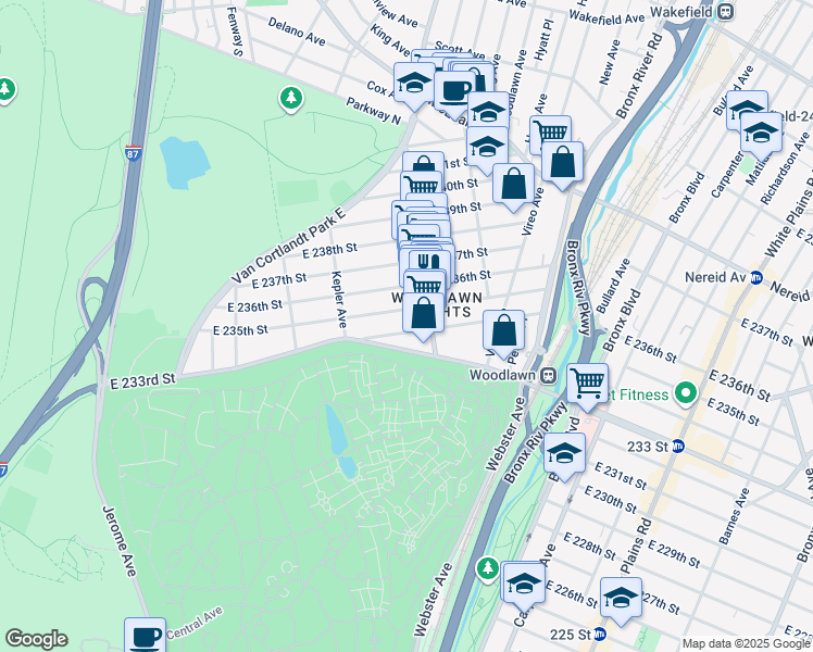 map of restaurants, bars, coffee shops, grocery stores, and more near in The Bronx