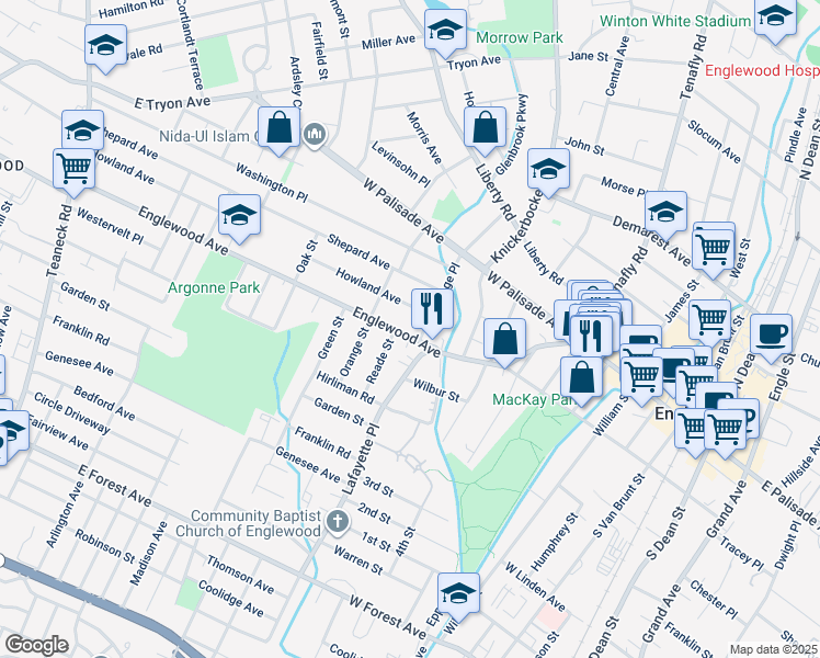 map of restaurants, bars, coffee shops, grocery stores, and more near 258 Howland Avenue in Englewood