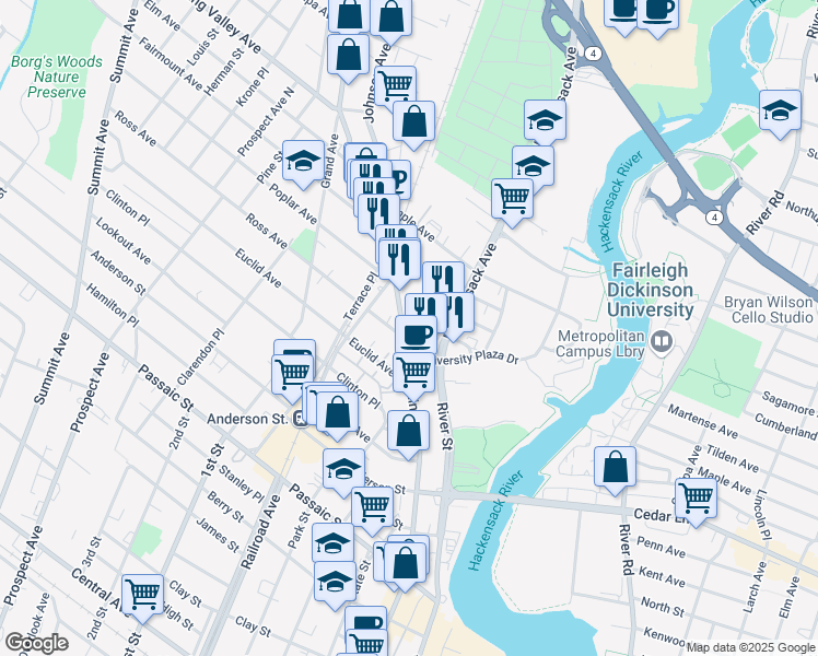 map of restaurants, bars, coffee shops, grocery stores, and more near 588 Main Street in Hackensack