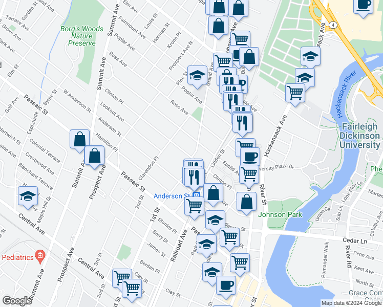 map of restaurants, bars, coffee shops, grocery stores, and more near 25 Grand Avenue in Hackensack