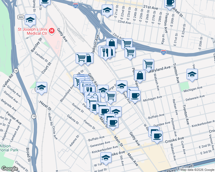 map of restaurants, bars, coffee shops, grocery stores, and more near in Paterson