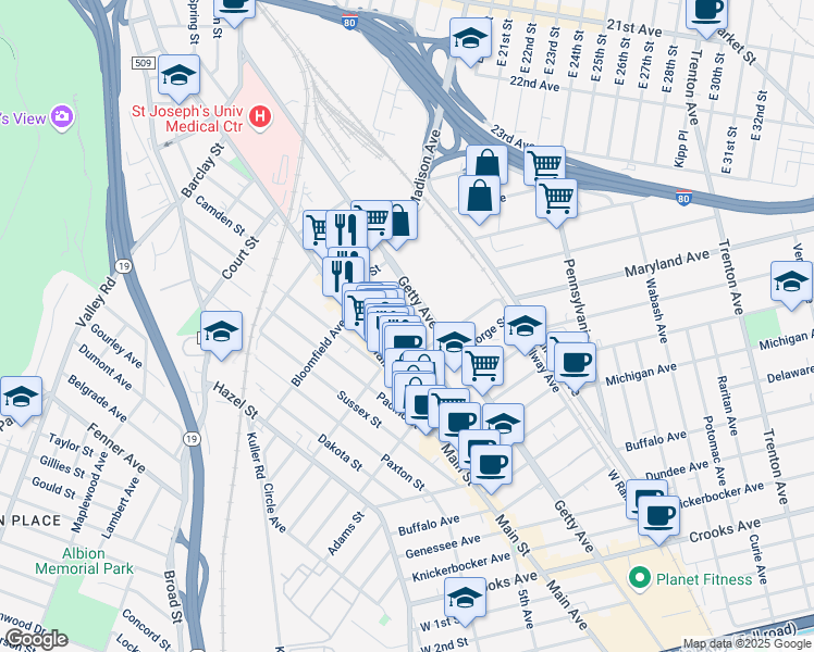 map of restaurants, bars, coffee shops, grocery stores, and more near 35 Elk Street in Paterson
