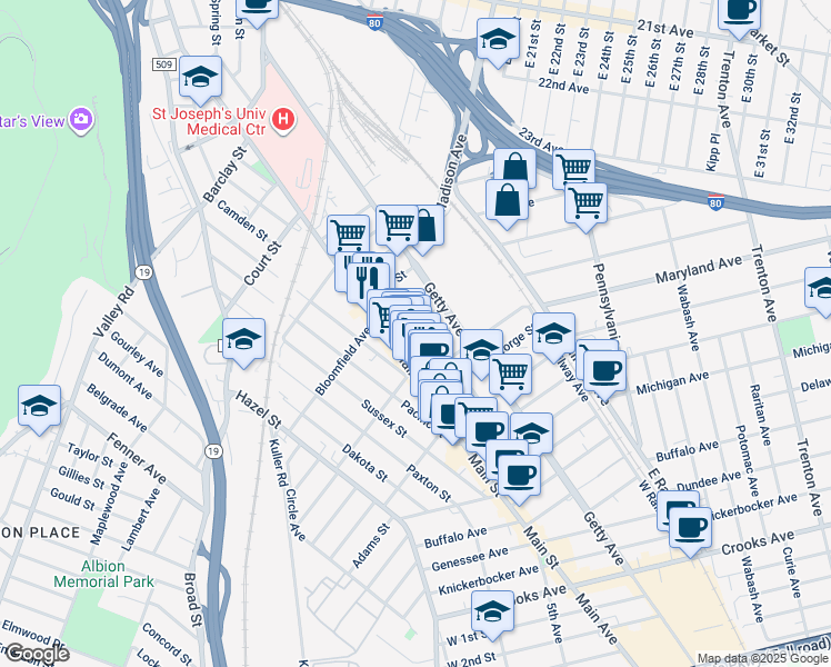 map of restaurants, bars, coffee shops, grocery stores, and more near 35 Elk Street in Paterson